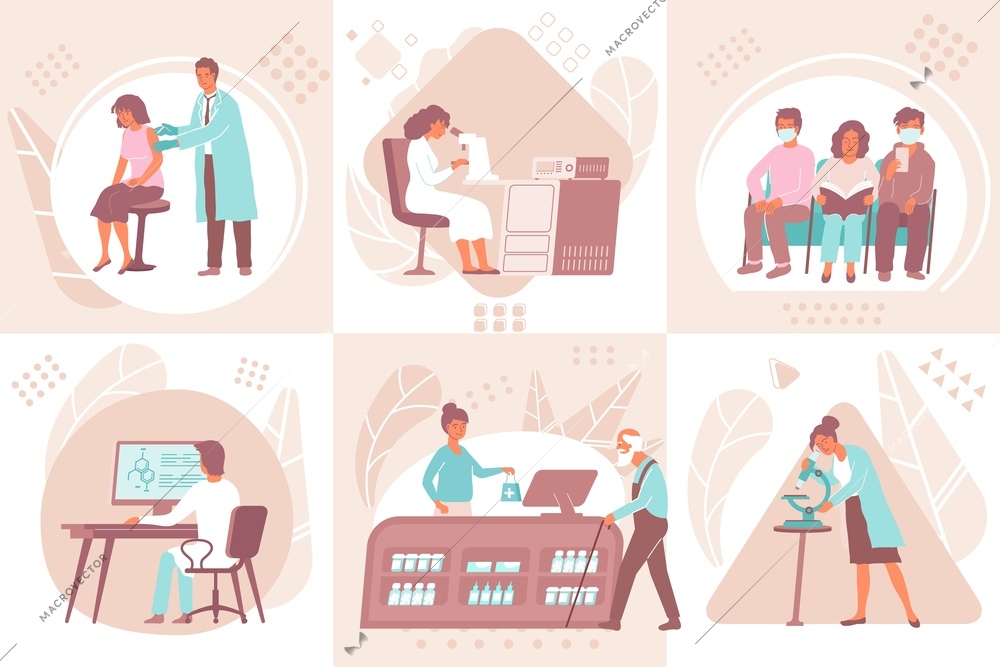 Flat vaccination compositions set with people working at laboratory buying vaccine waiting for injection isolated vector illustration