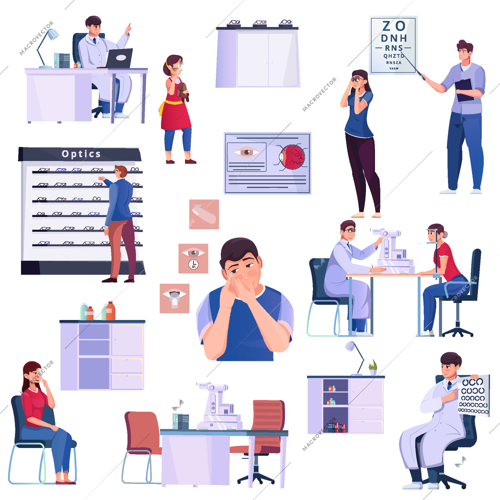 Various scenes of ophthalmology office work on white background set flat vector illustration