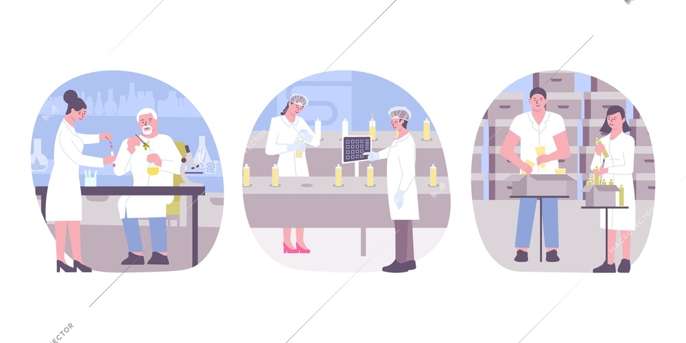 Set of three cosmetic compositions with flat characters of people in white gowns in laboratory environment vector illustration