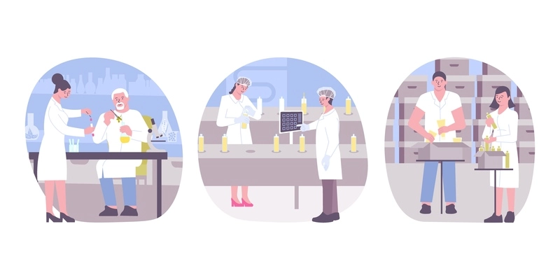 Set of three cosmetic compositions with flat characters of people in white gowns in laboratory environment vector illustration