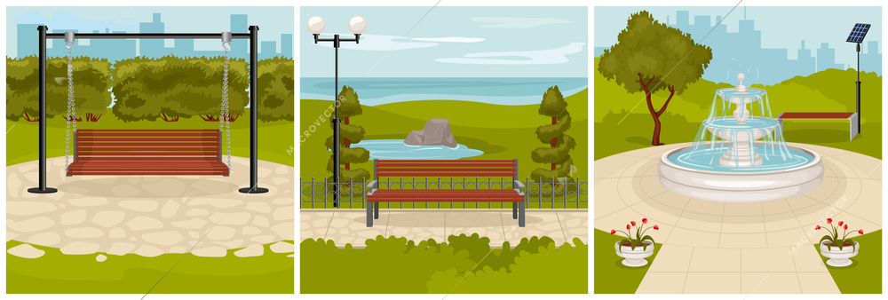 Park elements design concept with square compositions of cityscape and park lanes with bench and fountain vector illustration