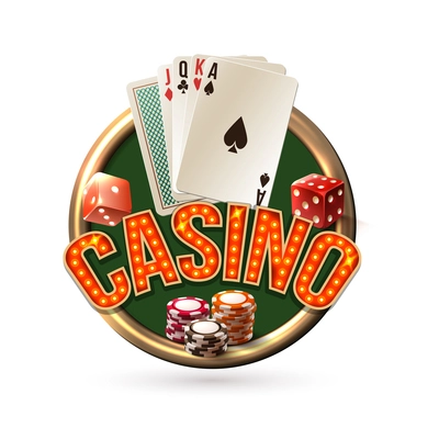 Pocker casino gambling risk chance emblem with dice cards chips vector illustration.