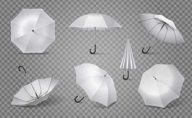 White isolated realistic umbrella icon set cane in open and closed form vector illustration