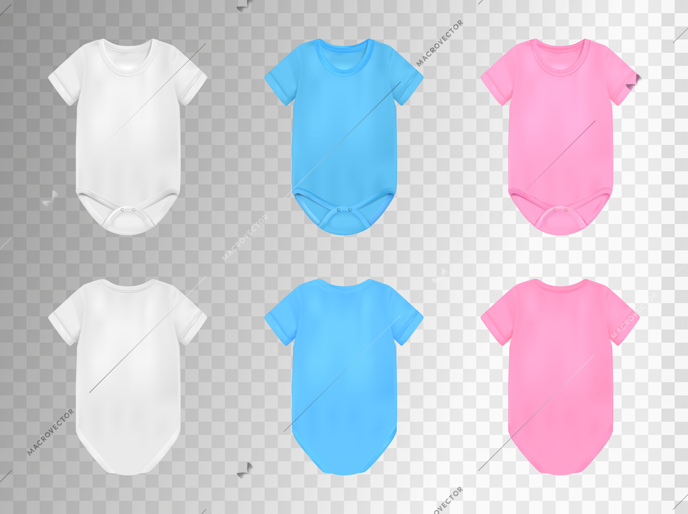 Baby bodysuit realistic colorful transparent set with comfortable clothes isolated vector illustration