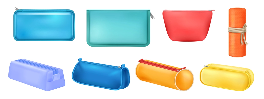 Realistic set with eight school pencil cases of different color shape and size isolated on white background vector illustration