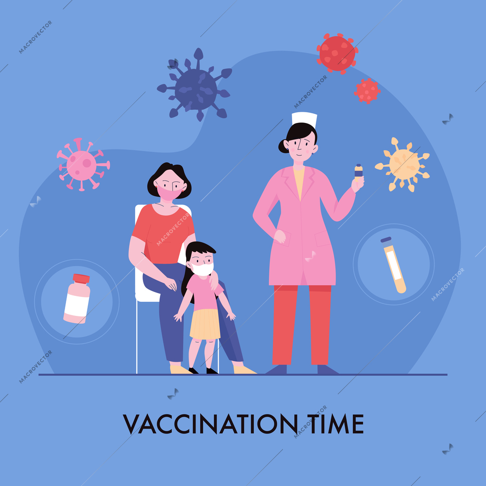 Covid vaccination time flat composition with doctor patients coronavirus bacteria and laboratory tubes vector illustration