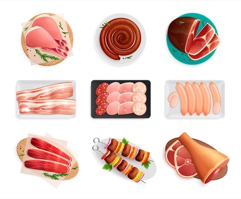 Meat products top view realistic set with with bacon sausages ham beef shank loaf kebab vector illustration