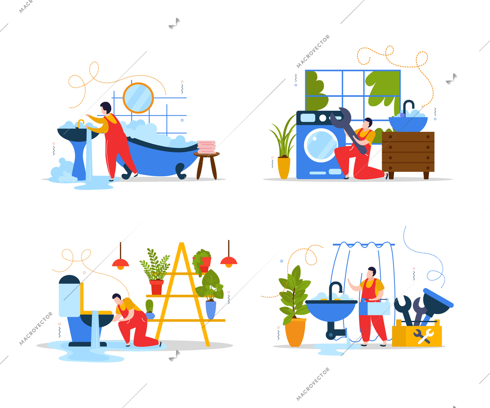 Four flat compositions set with plumber fixing leaking bath sink toilet washing machine with wrench and plunger isolated vector illustration