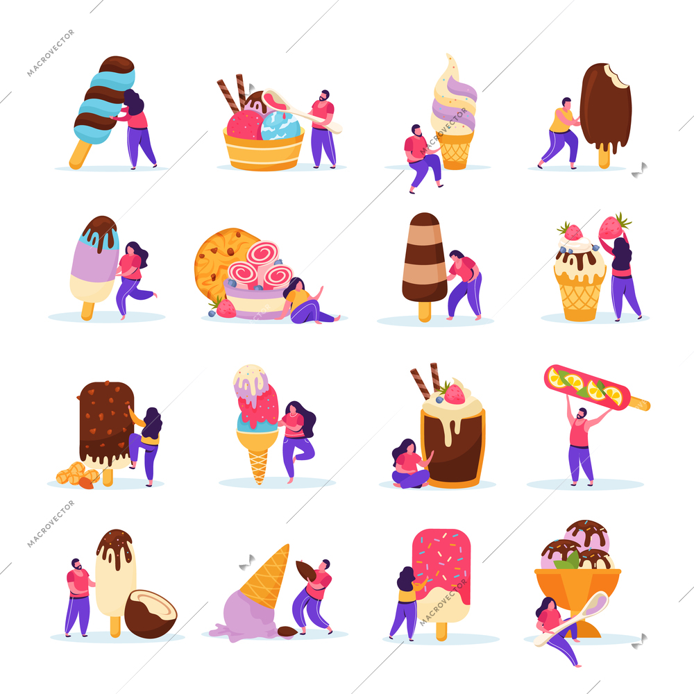 Flat icons set with people and delicious ice cream of different kinds with berries chocolate topping wafer isolated vector illustration