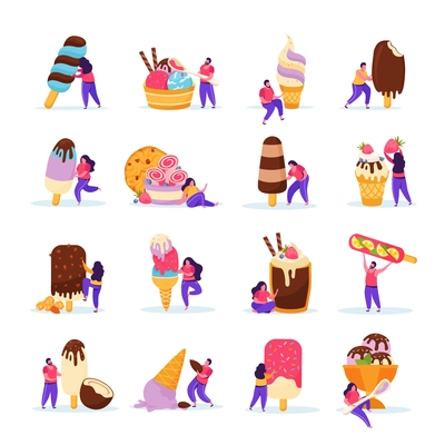 Flat icons set with people and delicious ice cream of different kinds with berries chocolate topping wafer isolated vector illustration