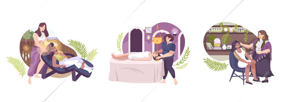 Alternative medicine concept 3 flat compositions with energy healing ayurvedic oil massage herbal treatment isolates vector illustration