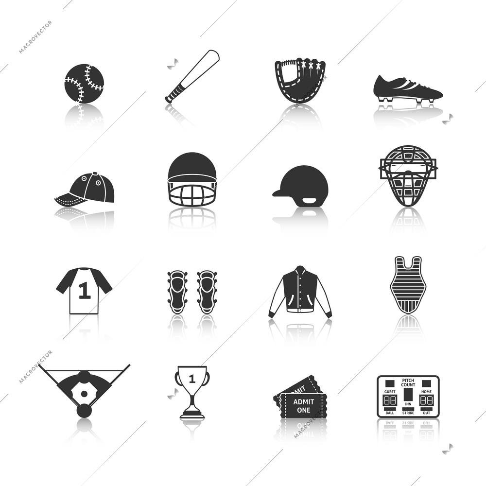 Baseball sport game equipment black icons set of match tickets scoreboard and trophy silhouette isolated vector illustration