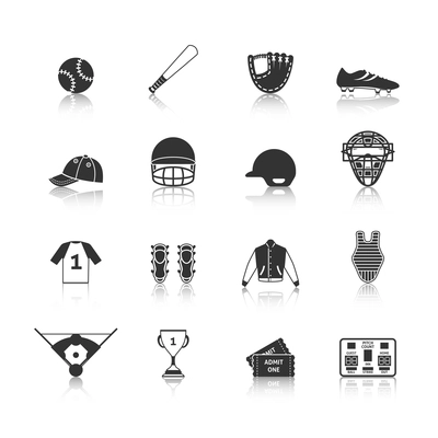 Baseball sport game equipment black icons set of match tickets scoreboard and trophy silhouette isolated vector illustration