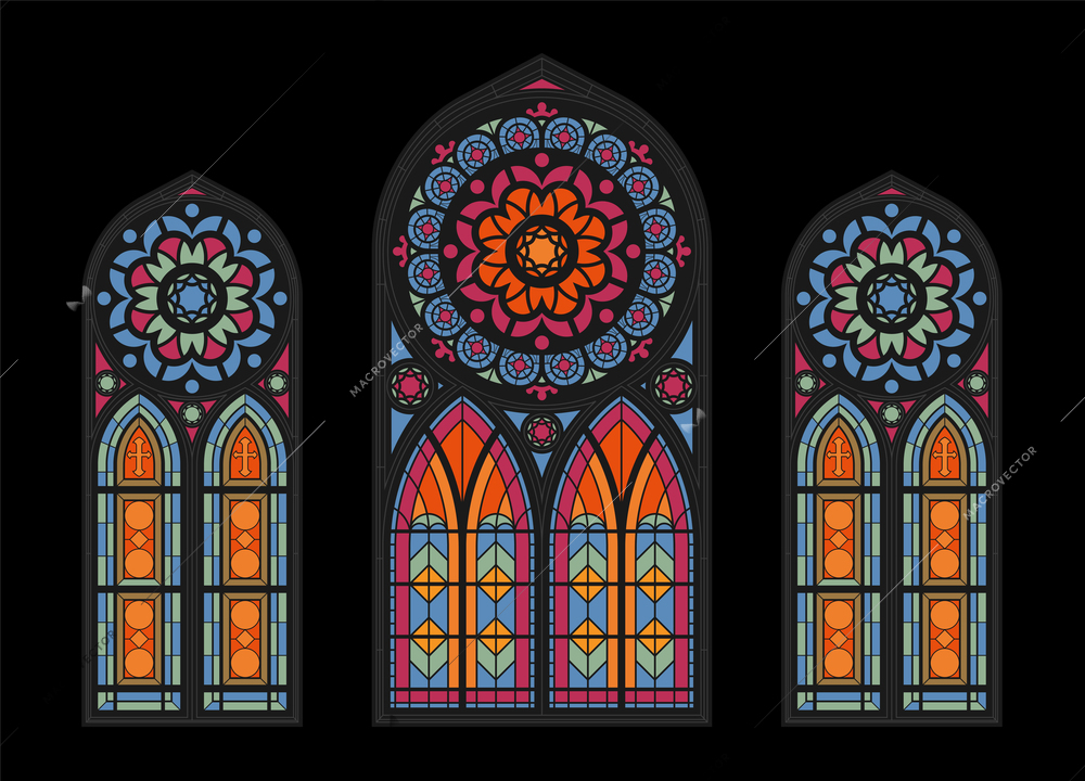 Stained glass colorful mosaic cathedral windows on dark background gothic church beautiful interior view clouseup vector illustration
