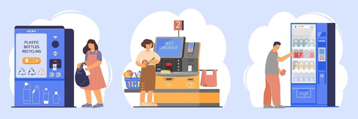 Making purchases using self service machines set flat vector illustration