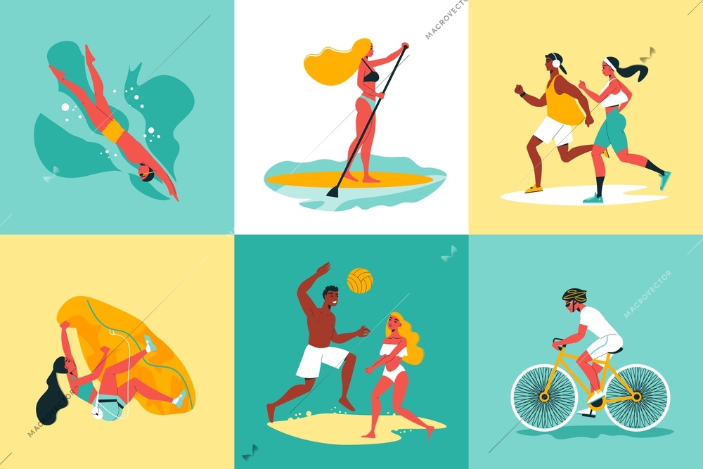 Summer sport design concept set of six color square icons with young people involved in beach volleyball biking swimming running sup surfing vector illustration