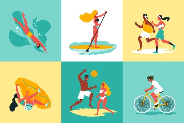 Summer sport design concept set of six color square icons with young people involved in beach volleyball biking swimming running sup surfing vector illustration