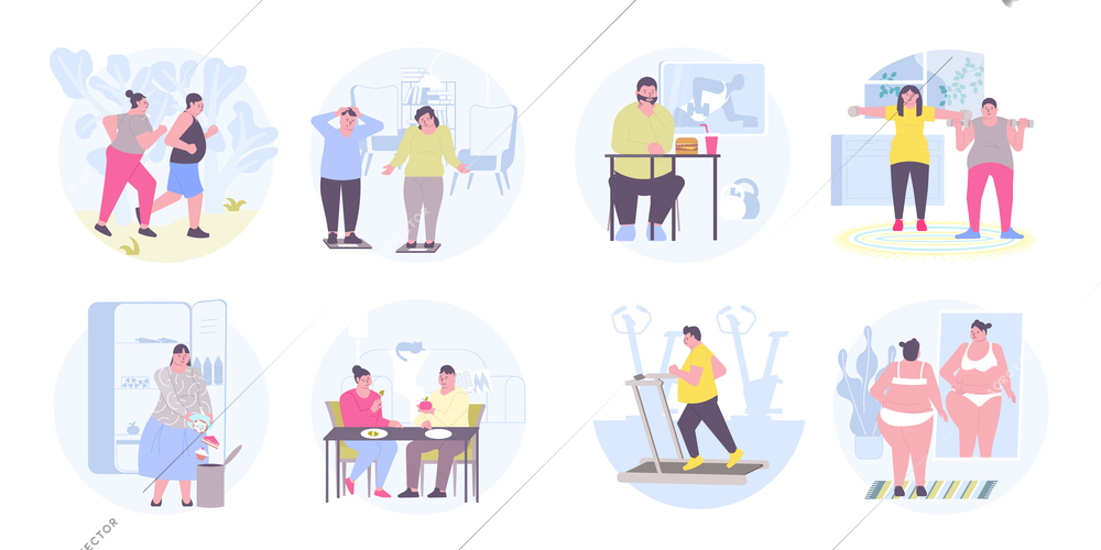 Set of eight obesity weight loss flat round compositions with people eating food doing fitness exercises vector illustration