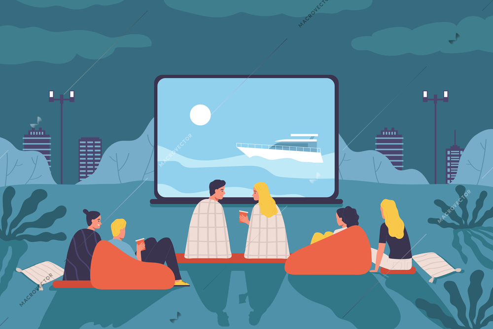 People sit on soft blankets and watch movies in an open air cinema flat vector illustration