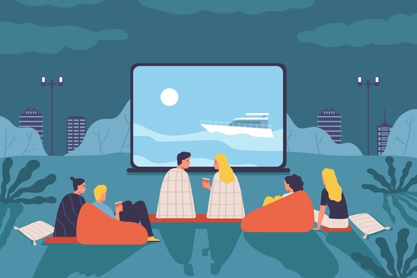 People sit on soft blankets and watch movies in an open air cinema flat vector illustration