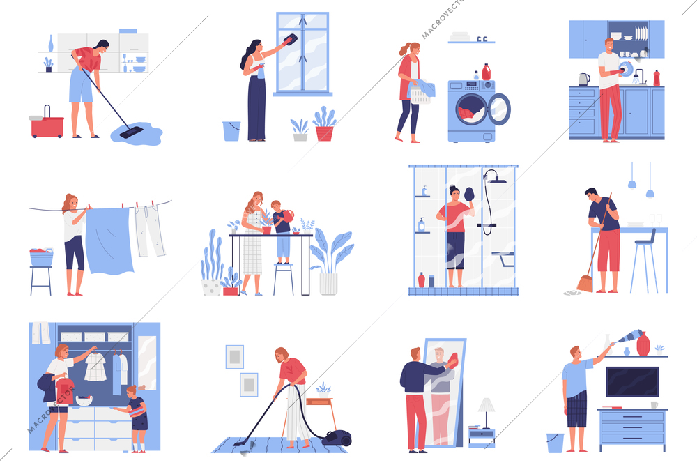 Set of compositions where people cleaning home with tools vector flat illustration