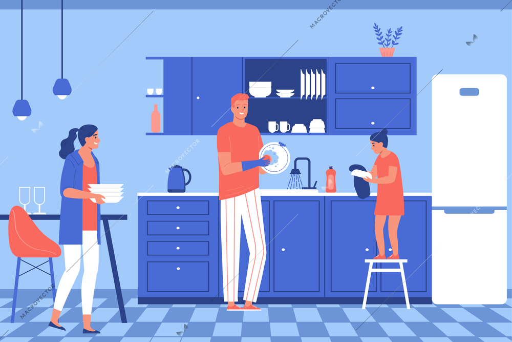 Parents and child clean the kitchen with the whole family flat vector illustration