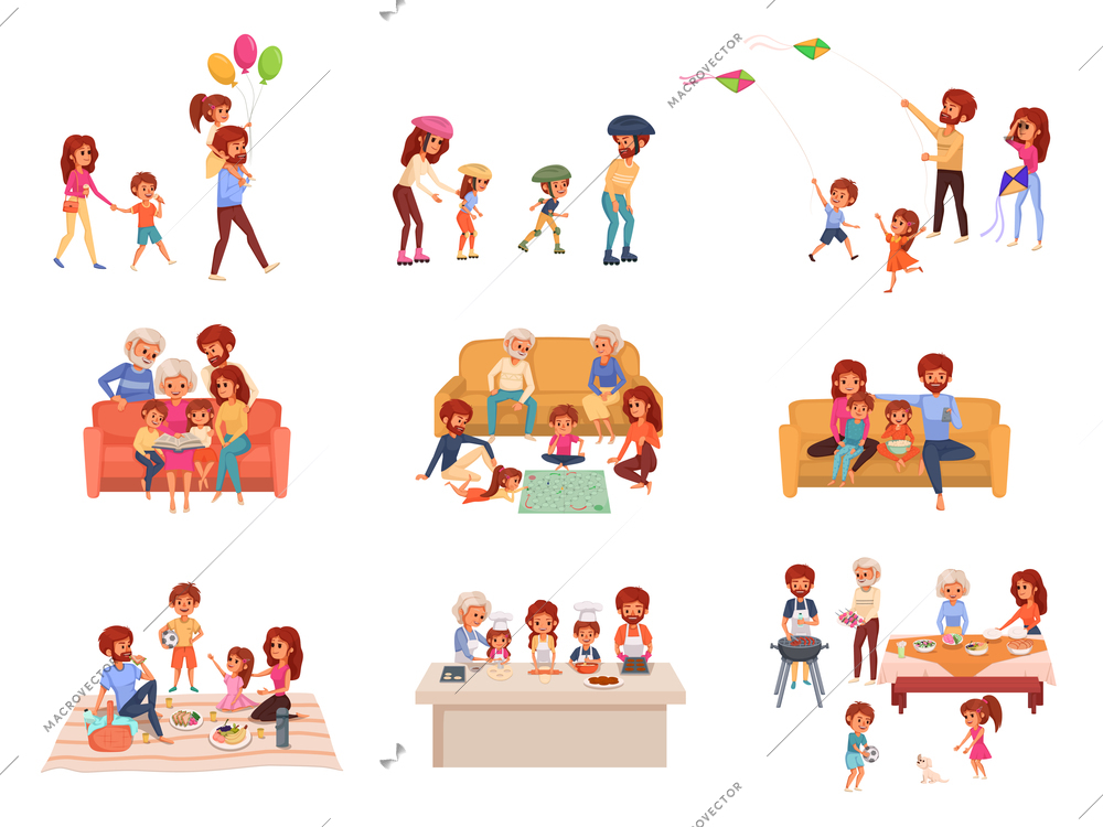 Family holidays cartoon icon set the family spends time together playing board games going for walks playing active sports and having family dinners and picnics