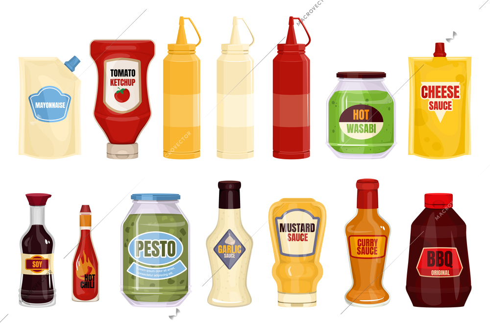 Sauce ketchup soy mayonnaise mustard fast food packaging composition with set of isolated images of bottles vector illustration