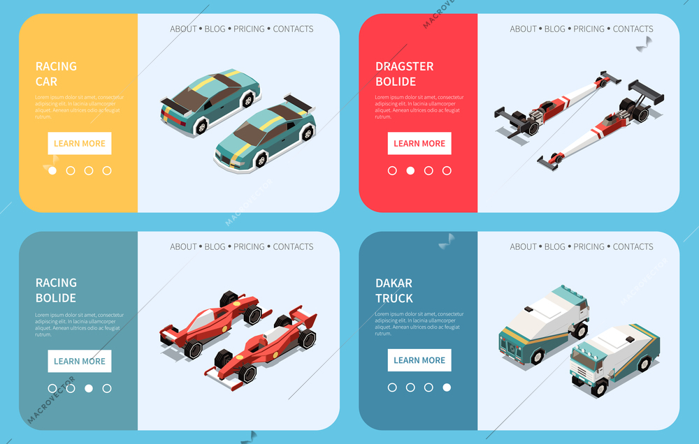 Car race isometric set of four horizontal banners with images of cars with buttons and text vector illustration