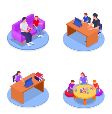 Isometric homeschooling and family education 2x2 design concept with children study with their parents and have online classes isolated vector illustration