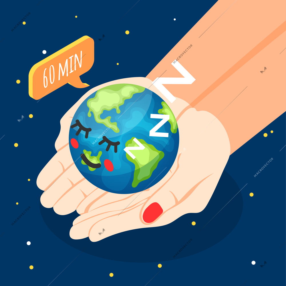 Earth hour environment protection concept with cute globe sleeping in human hands on night sky background isometric 3d vector illustration