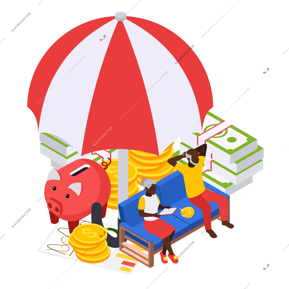 Retirement preparation plan isometric composition with old couple sitting on sofa with cash covered by umbrella vector illustration