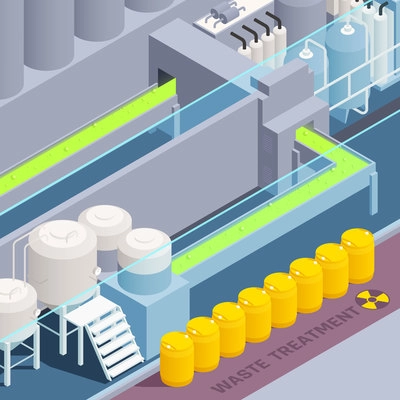 Toxic waste nuclear chemical pollution biohazard colored isometric composition with waste treatment description vector illustration