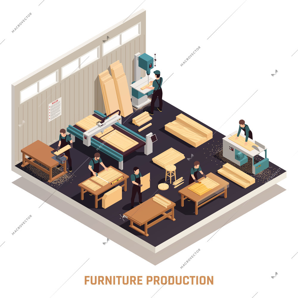 Isometric isolated furniture production concept with workers sand wooden boards cut wood with machines and saw it into pieces vector illustration