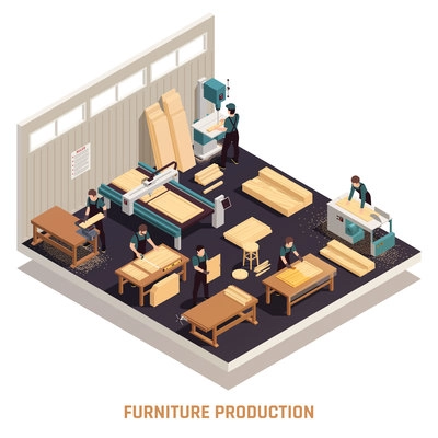 Isometric isolated furniture production concept with workers sand wooden boards cut wood with machines and saw it into pieces vector illustration