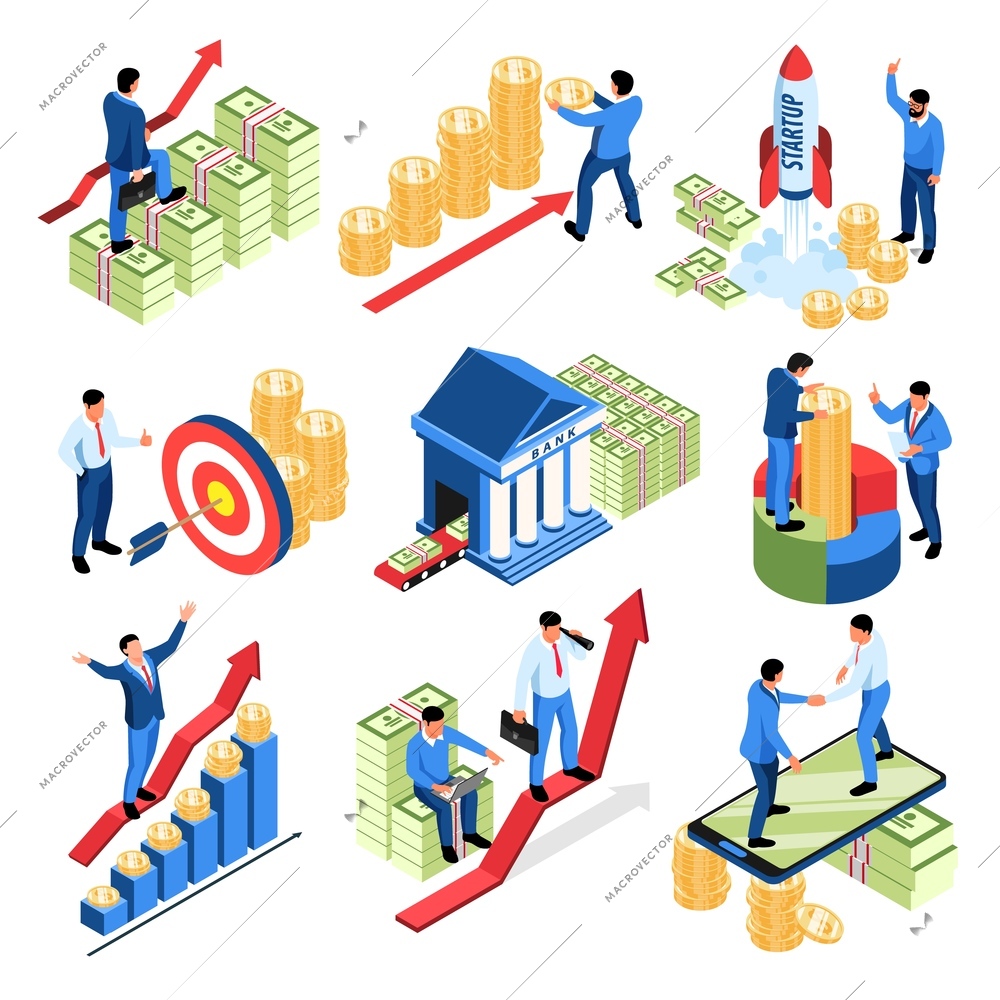 Partnership and investment in new business projects isometric color icons set on white background isolated vector illustration