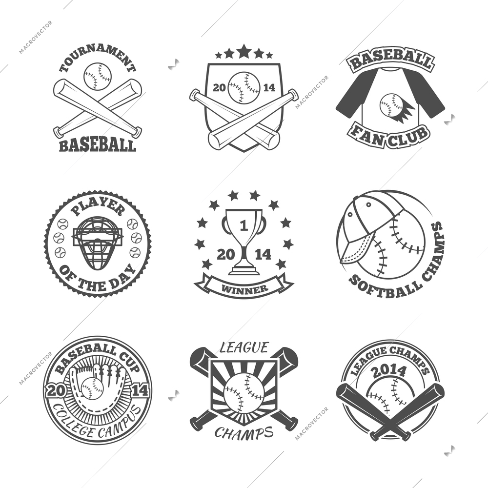 Baseball college league softball winners club graphic labels set with pitch glove abstract black isolated vector illustration