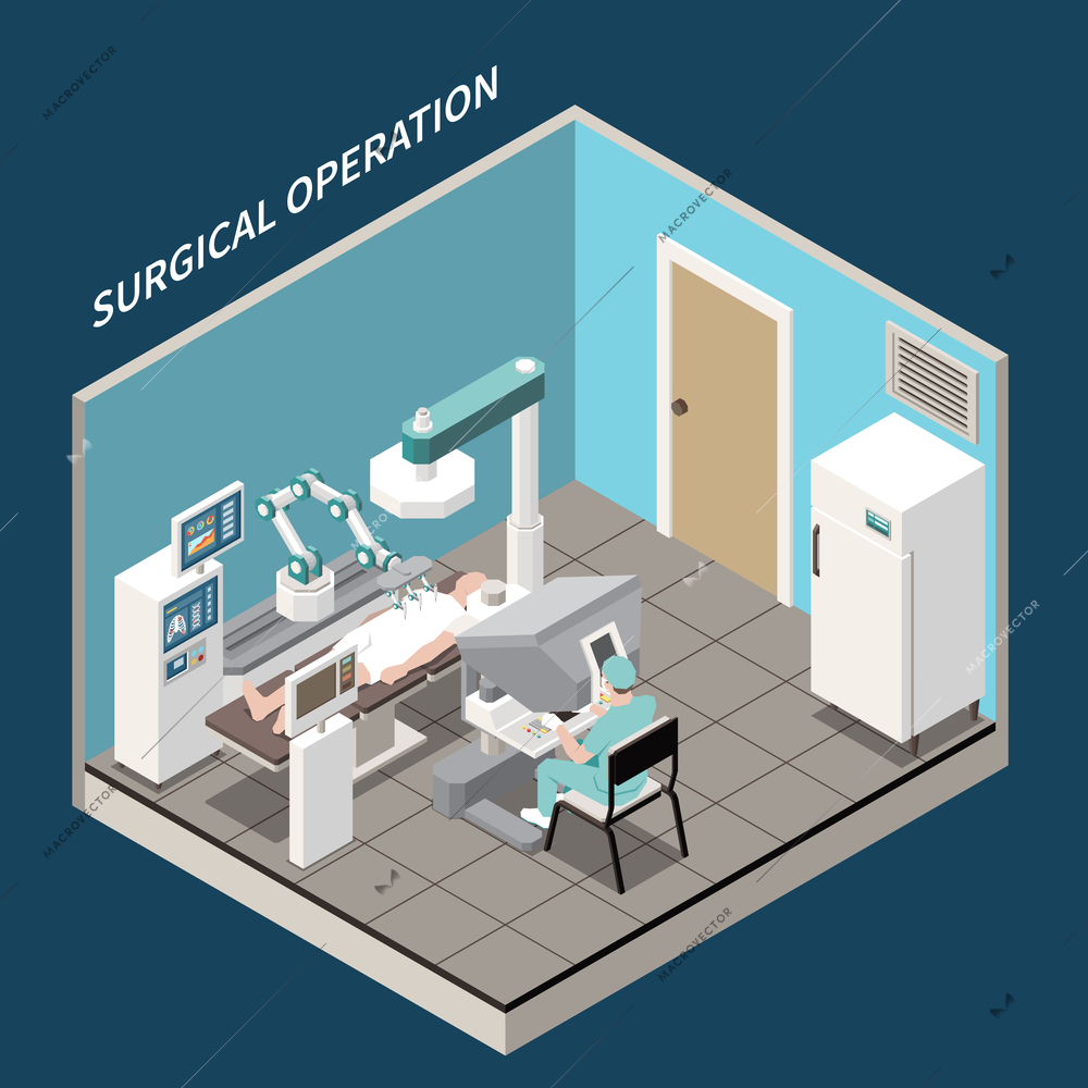 Robotic surgery isometric concept with surgical operation symbols vector illustration