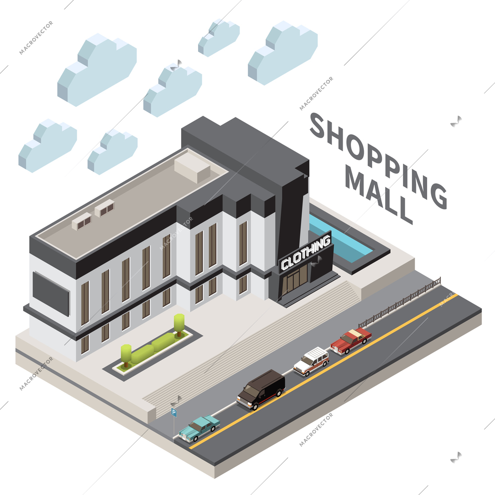 Shopping mall composition with local store symbols isometric vector illustration