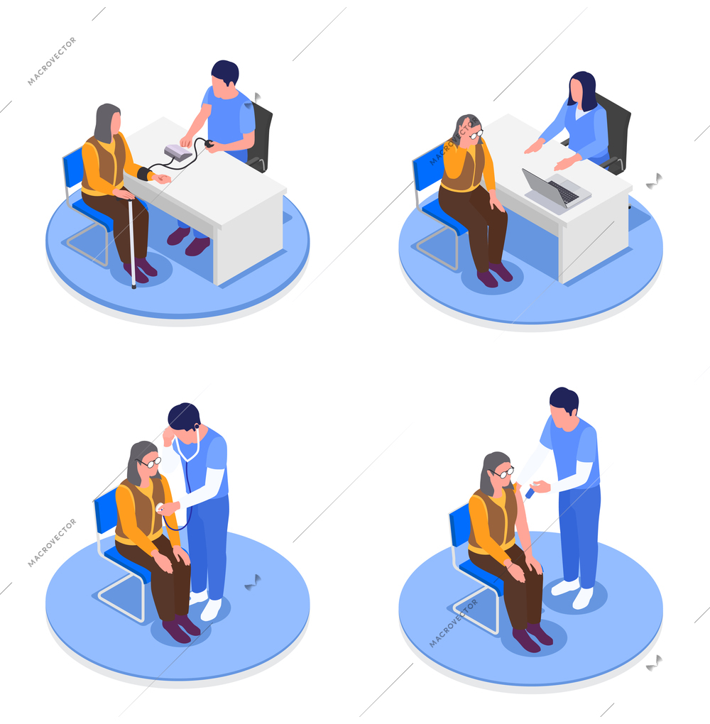 Isometric set of grandmothers in doctors offices receiving health advice vector illustration