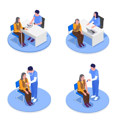 Isometric set of grandmothers in doctors offices receiving health advice vector illustration