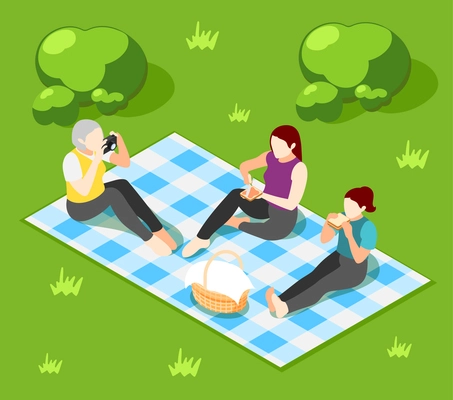 International day of families isometric background with three female characters having picnic outdoors vector illustration