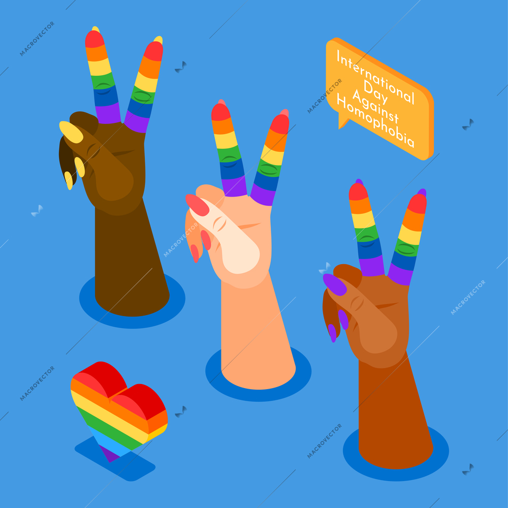 International day against homophobia isometric background with hands with two fingers raised up decorated in colors of lgbt flag vector illustration