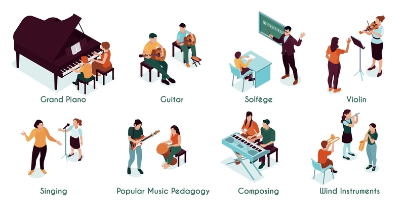 Musician education isometric compositions with guitar piano violin singing composing contemporary music wind instruments lessons vector illustration