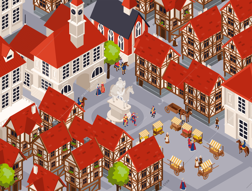 Medieval architecture isometric background with traditional town and marketplace vector illustraion