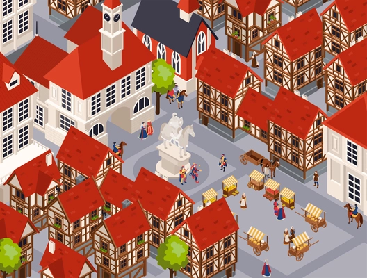 Medieval architecture isometric background with traditional town and marketplace vector illustraion