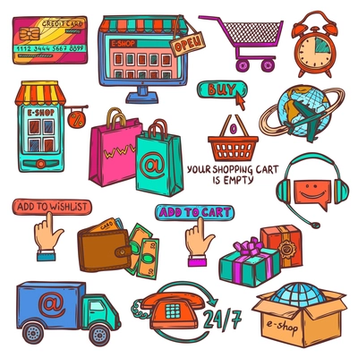 Online shopping e-commerce services colored sketch decorative icons set isolated vector illustration