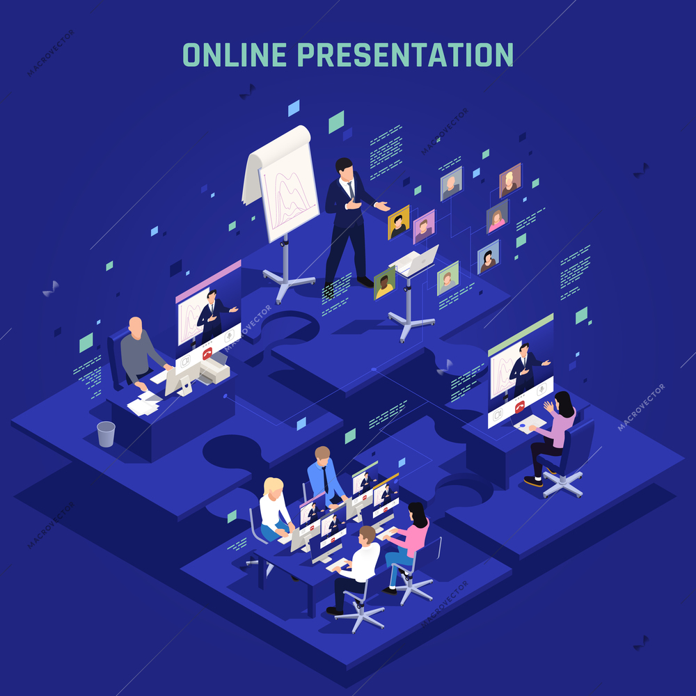 Online presentation concept with remote discussion symbols isometric vector illustration