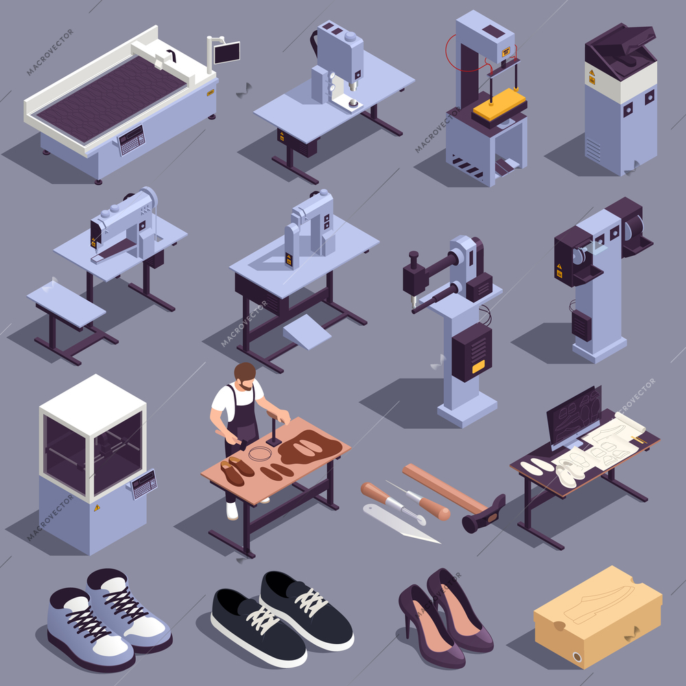 Shoes production icons set with footwear factory symbols isometric isolated vector illustration