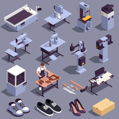 Shoes production icons set with footwear factory symbols isometric isolated vector illustration